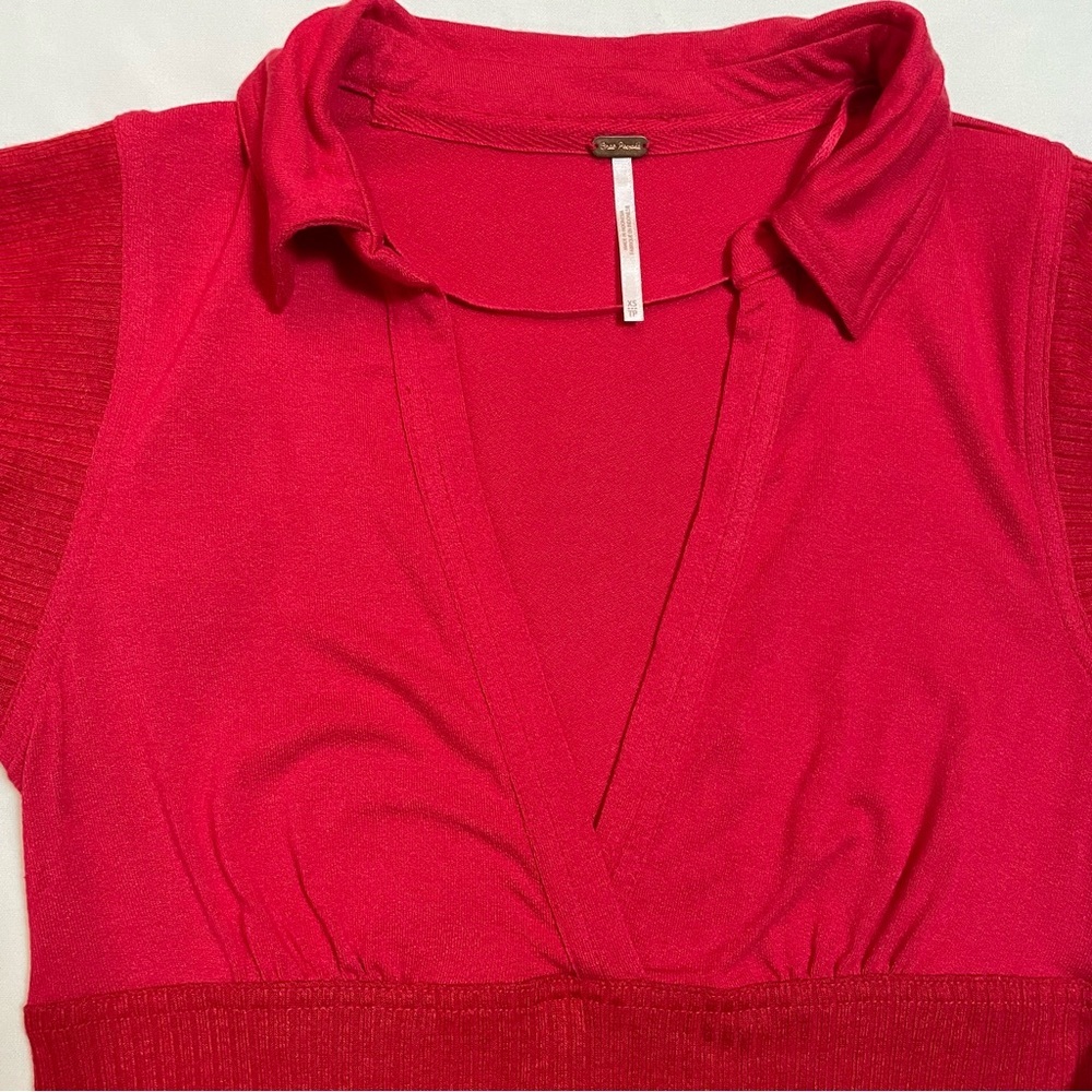 NWT New Free People Molly Red Ribbed Short Sleeve Surplice Top Size XS - Picture 12 of 15